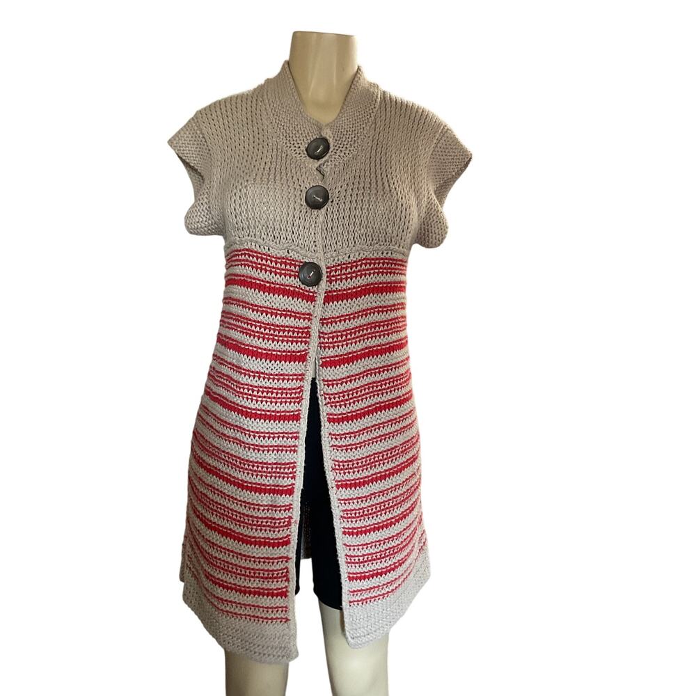 Free People Long Knit Sweater Vest Cardigan Button Front Striped Red Beige  S